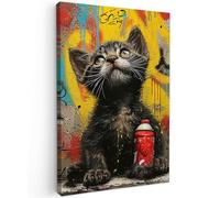 MuchoWow© Impression sur Toile Decoration Murale Peinture Tableaux | 60x90 cm - Decoratifs Muraux Décoration Chambre Graffiti - Chaton - Street art - Chat - Banksy