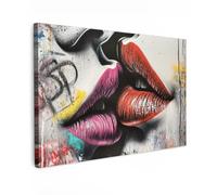 MuchoWow© Impression sur Toile Peinture 120x80 cm Tableau Mural Decoration Salon Reproductions de Tableaux Murale Moderne Street art - Lèvres - Baiser - Graffiti