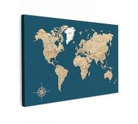 MuchoWow© Impression sur Toile Peinture 120x80 cm Tableau Mural Decoration Salon Reproductions de Tableaux Murale Moderne Carte du Monde - Bleu Foncé - Beige
