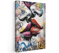 MuchoWow© Impression sur Toile Peinture 20x30 cm Tableau Mural Decoration Salon Reproductions de Tableaux Murale Moderne Street art - Lèvres - Baiser - Graffiti