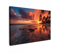 MuchoWow© Impression sur Toile Peinture 30x20 cm Tableau Mural Decoration Salon Reproductions de Tableaux Murale Moderne Coucher de soleil - Palmiers - Plage - Mer - Horizon