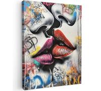 MuchoWow© Impression sur Toile Peinture 30x40 cm Tableau Mural Decoration Salon Reproductions de Tableaux Murale Moderne Street art - Lèvres - Baiser - Graffiti