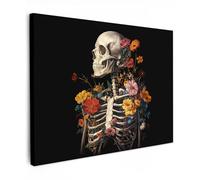 MuchoWow© Impression sur Toile Peinture 40x30 cm Tableau Mural Decoration Salon Reproductions de Tableaux Murale Moderne Squelette - Fleurs - Crâne - Coloré
