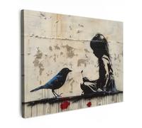 MuchoWow© Impression sur Toile Peinture 40x30 cm Tableau Mural Decoration Salon Reproductions de Tableaux Murale Moderne Street art - Fille - Oiseau - Graffiti - Banksy