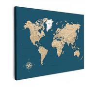MuchoWow© Impression sur Toile Peinture 40x30 cm Tableau Mural Decoration Salon Reproductions de Tableaux Murale Moderne Carte du Monde - Bleu Foncé - Beige