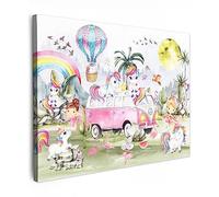 MuchoWow© Impression sur Toile Peinture 40x30 cm Tableau Mural Decoration Salon Reproductions de Tableaux Murale Moderne Licorne - Arc-en-ciel - Enfants - Filles - Voiture