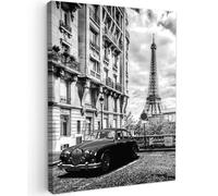 MuchoWow© Impression sur Toile Peinture 50x70 cm Tableau Mural Decoration Salon Reproductions de Tableaux Murale Moderne Paris - Tour Eiffel - Voiture - Noir et blanc