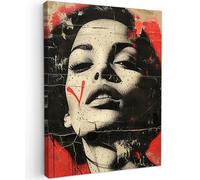 MuchoWow© Impression sur Toile Peinture 50x70 cm Tableau Mural Decoration Salon Reproductions de Tableaux Murale Moderne Graffiti - Femme - Rouge - Street art - Banksy