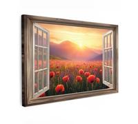 MuchoWow© Impression sur Toile Peinture 60x40 cm Tableau Mural Decoration Salon Reproductions de Tableaux Murale Moderne Vue de la Fenêtre - Coquelicots - Fleurs - Rouge - Ouvrir la Fenêtre