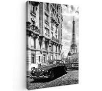 MuchoWow© Impression sur Toile Peinture 60x90 cm Tableau Mural Decoration Salon Reproductions de Tableaux Murale Moderne Paris - Tour Eiffel - Voiture - Noir et blanc