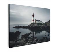 MuchoWow© Impression sur Toile Peinture 70x50 cm Tableau Mural Decoration Salon Reproductions de Tableaux Murale Moderne Phare - Mer - Rochers - Scandinavie - Maritime
