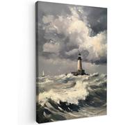 MuchoWow© Impression sur Toile Peinture 80x120 cm Tableau Mural Decoration Salon Reproductions de Tableaux Murale Moderne Phare - Vagues - Tempête