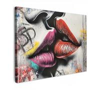 MuchoWow© Impression sur Toile Peinture 80x60 cm Tableau Mural Decoration Salon Reproductions de Tableaux Murale Moderne Street art - Lèvres - Baiser - Graffiti