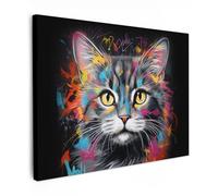 MuchoWow© Impression sur Toile Peinture 80x60 cm Tableau Mural Decoration Salon Reproductions de Tableaux Murale Moderne Chat - Graffiti - Animaux - Couleurs - Gris