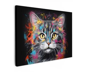 MuchoWow© Impression sur Toile Peinture 80x60 cm Tableau Mural Decoration Salon Reproductions de Tableaux Murale Moderne Chat - Graffiti - Animaux - Couleurs - Gris