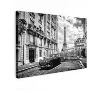 MuchoWow© Impression sur Toile Peinture 90x60 cm Tableau Mural Decoration Salon Reproductions de Tableaux Murale Moderne Paris - Tour Eiffel - Voiture - Noir et blanc