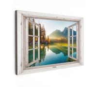MuchoWow© Impression sur Toile Peinture 90x60 cm Tableau Mural Decoration Salon Reproductions de Tableaux Murale Moderne Vue transparente - Lac - Forêt - Montagnes - Nature - Trompe l'oeil fenet