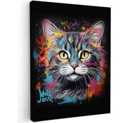 MuchoWow© Impression sur Toile Peinture Tableau Mural Decoration Salon | 30x40 cm - Reproductions de Tableaux Murale Moderne Chat - Graffiti - Animaux - Couleurs - Gris