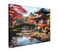 MuchoWow© Impression sur Toile Peinture Tableau Mural Decoration Salon | 70x50 cm - Reproductions de Tableaux Murale Moderne Jardin japonais - Rivière - Arbres - Nature - Japon