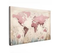 MuchoWow© Impression sur Toile Photo Peinture 120x80 cm Tableau Decoration Murale Chambre Salon Maison Deco Cuisine Carte du Monde - Rose - Fleurs