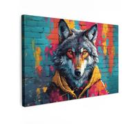 MuchoWow© Impression sur Toile Photo Peinture 30x20 cm Tableau Decoration Murale Chambre Salon Maison Deco Cuisine Graffiti - Loup - Street art - Bleu - Banksy
