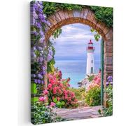 MuchoWow© Impression sur Toile Photo Peinture 30x40 cm Tableau Decoration Murale Chambre Salon Maison Deco Cuisine Vue de la Fenêtre - Phare - Fleurs - Vue