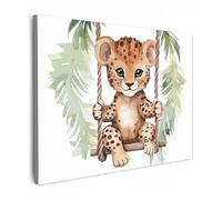 MuchoWow© Impression sur Toile Photo Peinture 40x30 cm Tableau Decoration Murale Affiche Originale File Garcon Léopard - Animal - Enfants - Jungle - Aquarelle - Chambre enfant