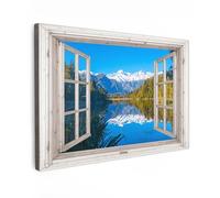 MuchoWow© Impression sur Toile Photo Peinture 60x40 cm Tableau Decoration Murale Chambre Salon Maison Deco Cuisine Vue transparente - Lac - Forêt - Montagnes - Paysage - Trompe l'oeil fenetre