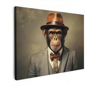MuchoWow© Impression sur Toile Photo Peinture 70x50 cm Tableau Decoration Murale Chambre Salon Maison Deco Cuisine Vintage - Singe - Chapeau - Costume - Gris - Animaux - Chimpanzé