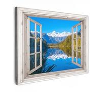 MuchoWow© Impression sur Toile Photo Peinture 70x50 cm Tableau Decoration Murale Chambre Salon Maison Deco Cuisine Vue transparente - Lac - Forêt - Montagnes - Paysage - Trompe l'oeil fenetre