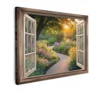 MuchoWow© Impression sur Toile Photo Peinture 70x50 cm Tableau Decoration Murale Chambre Salon Maison Deco Cuisine Vue de la Fenêtre - Fleurs - Nature - Soleil - Chemin