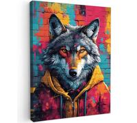 MuchoWow© Impression sur Toile Photo Peinture Tableau Decoration Murale | 30x40 cm - Chambre Salon Maison Deco Cuisine Graffiti - Loup - Street art - Bleu - Banksy