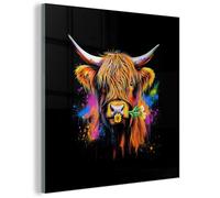 MuchoWow© Impression sur Verre Décoration Salon Moderne Tableau | 30x30 cm - pour Chambre Audessus du Lit Déco Intérieure Cadeau Highlander Écossais - Graffiti - Coloré - Fleur - Animaux