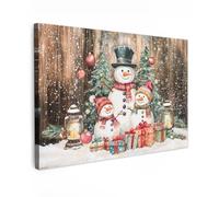 MuchoWow© Impressions sur Toile 120x80 cm Deco Tableau Murale Cadeau Noel Decoration Salon Peinture Tableaux Chambre Toiles Maison Bonhomme de neige - Famille - Coloré