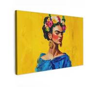 MuchoWow© Impressions sur Toile 120x80 cm Deco Tableau Murale Decoration Salon Peinture Tableaux Chambre Toiles Maison Frida Kahlo - Femme - Jaune - Bleu - Fleurs