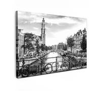 MuchoWow© Impressions sur Toile 120x80 cm Deco Tableau Murale Decoration Salon Peinture Tableaux Chambre Toiles Maison Amsterdam - Canal - Ville - Noir et blanc