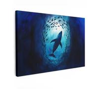 MuchoWow© Impressions sur Toile 120x80 cm Deco Tableau Murale Decoration Salon Peinture Tableaux Chambre Toiles Maison Baleine - Poissons - Bleu Foncé