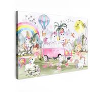 MuchoWow© Impressions sur Toile 30x20 cm Deco Tableau Murale Decoration Salon Peinture Tableaux Chambre Toiles Maison Licorne - Arc-en-ciel - Enfants - Filles - Voiture