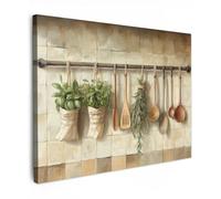 MuchoWow© Impressions sur Toile 40x30 cm Deco Tableau Murale Decoration Salon Peinture Tableaux Chambre Toiles Maison Bois - Ustensiles de cuisine - Nature morte - Carreaux