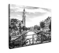 MuchoWow© Impressions sur Toile 40x30 cm Deco Tableau Murale Decoration Salon Peinture Tableaux Chambre Toiles Maison Amsterdam - Canal - Ville - Noir et blanc