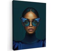 MuchoWow© Impressions sur Toile 50x70 cm Deco Tableau Murale Decoration Salon Peinture Tableaux Chambre Toiles Maison Femme - Papillon - Lunettes - Bleu - Moderne - Portrait