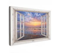 MuchoWow© Impressions sur Toile 60x40 cm Deco Tableau Murale Decoration Salon Peinture Tableaux Chambre Toiles Maison Vue de la fenêtre - Mer - Plage - Coucher de soleil - Bleu