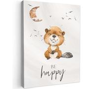 MuchoWow© Impressions sur Toile 60x80 cm Deco Tableau Murale Decoration Salon Peinture Tableaux Chambre Toiles Maison Citations - Être heureux - Enfants - Lune - Castor - Aquarelle