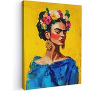 MuchoWow© Impressions sur Toile 60x80 cm Deco Tableau Murale Decoration Salon Peinture Tableaux Chambre Toiles Maison Frida Kahlo - Femme - Jaune - Bleu - Fleurs