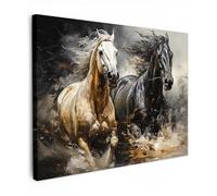 MuchoWow© Impressions sur Toile 70x50 cm Deco Tableau Murale Decoration Salon Peinture Tableaux Chambre Toiles Maison Chevaux - Noirs - Blancs - Animaux