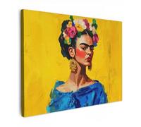 MuchoWow© Impressions sur Toile 70x50 cm Deco Tableau Murale Decoration Salon Peinture Tableaux Chambre Toiles Maison Frida Kahlo - Femme - Jaune - Bleu - Fleurs