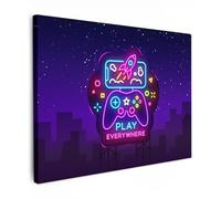 MuchoWow© Impressions sur Toile 70x50 cm Deco Tableau Murale Decoration Salon Peinture Tableaux Chambre Toiles Maison Gamer - Néon - Jouer - Bleu - Nuit - Manette