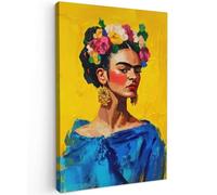 MuchoWow© Impressions sur Toile 80x120 cm Deco Tableau Murale Decoration Salon Peinture Tableaux Chambre Toiles Maison Frida Kahlo - Femme - Jaune - Bleu - Fleurs