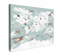 MuchoWow© Impressions sur Toile 80x60 cm Deco Tableau Murale Decoration Salon Peinture Tableaux Chambre Toiles Maison Carte du Monde - Enfant - Avion