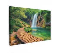 MuchoWow© Impressions sur Toile 90x60 cm Deco Tableau Murale Decoration Salon Peinture Tableaux Chambre Toiles Maison Cascade - Jungle - Chemin - Vert - Nature - Eau